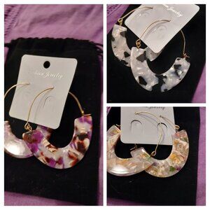 New Modern Hoop Earrings Floral Circular Pearlescent Large 2.5" U shape Boho